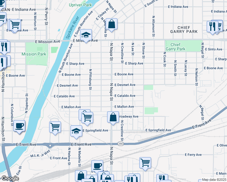 map of restaurants, bars, coffee shops, grocery stores, and more near 1014 North Napa Street in Spokane