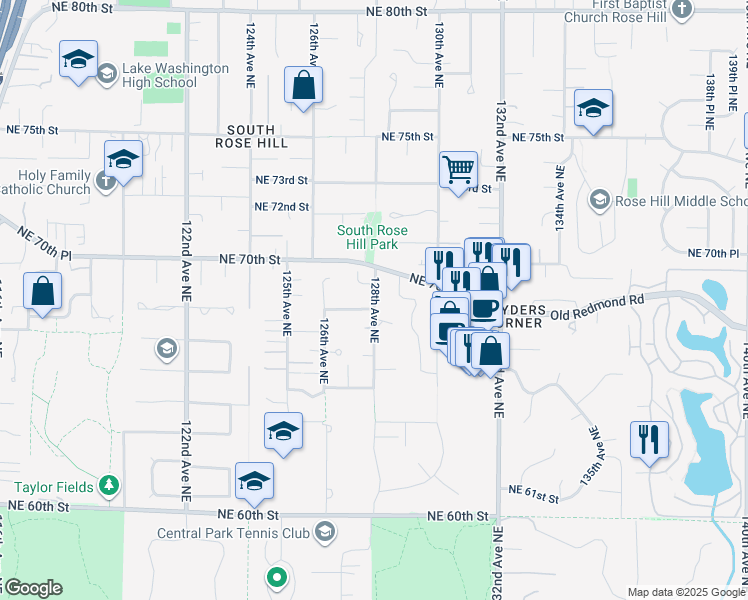 map of restaurants, bars, coffee shops, grocery stores, and more near 6818 128th Avenue Northeast in Kirkland