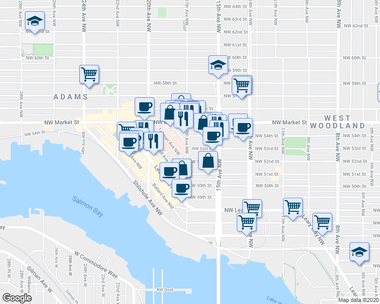 map of restaurants, bars, coffee shops, grocery stores, and more near 5216 17th Avenue Northwest in Seattle