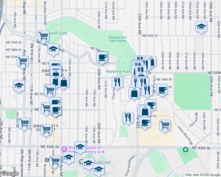 map of restaurants, bars, coffee shops, grocery stores, and more near 5219 22nd Avenue Northeast in Seattle