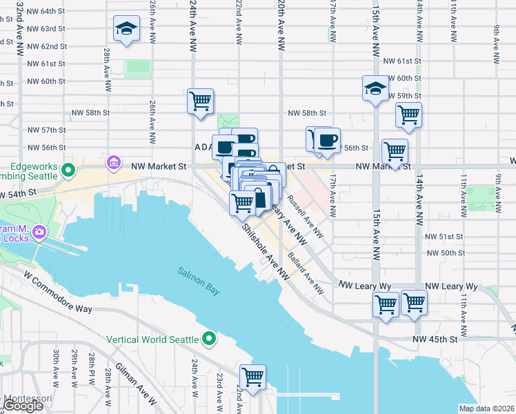 map of restaurants, bars, coffee shops, grocery stores, and more near 5320 Ballard Avenue Northwest in Seattle