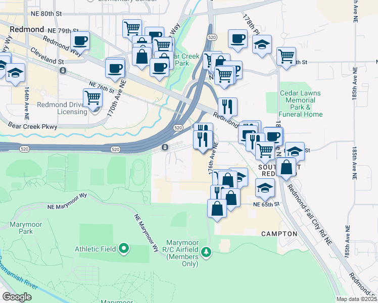 map of restaurants, bars, coffee shops, grocery stores, and more near 17445 NE 70th St in Redmond