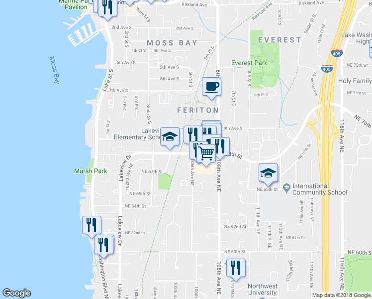 map of restaurants, bars, coffee shops, grocery stores, and more near 10512 NE 68th St in Kirkland