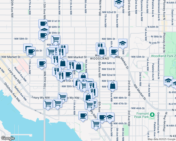 map of restaurants, bars, coffee shops, grocery stores, and more near 5216 9th Avenue Northwest in Seattle