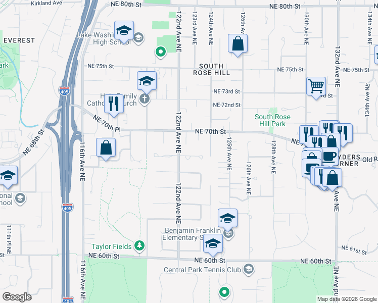 map of restaurants, bars, coffee shops, grocery stores, and more near 12218 Northeast 68th Place in Kirkland