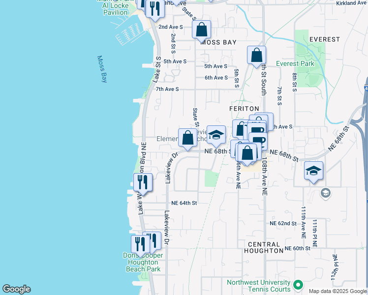 map of restaurants, bars, coffee shops, grocery stores, and more near 10304 A Northeast 68th Street in Kirkland
