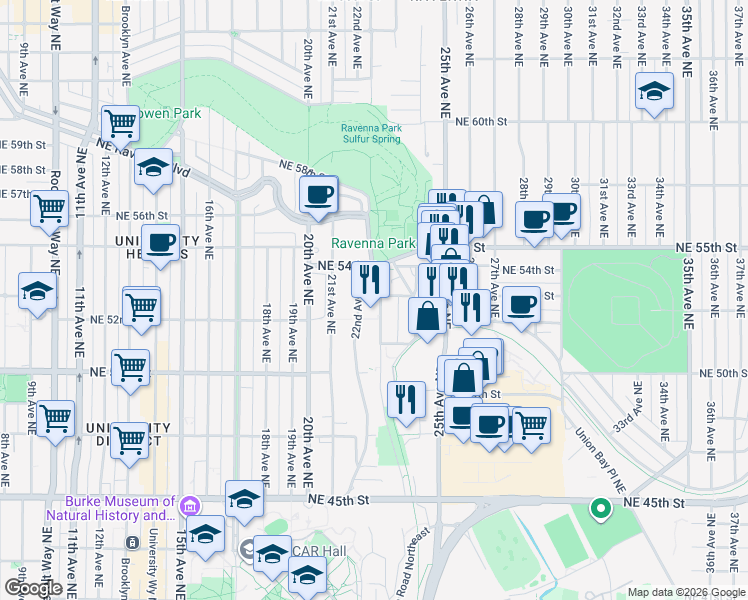 map of restaurants, bars, coffee shops, grocery stores, and more near 5222 22nd Avenue Northeast in Seattle