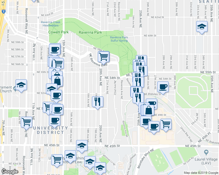 map of restaurants, bars, coffee shops, grocery stores, and more near 5212 21st Avenue Northeast in Seattle