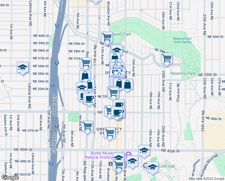 map of restaurants, bars, coffee shops, grocery stores, and more near 5219 Brooklyn Avenue Northeast in Seattle