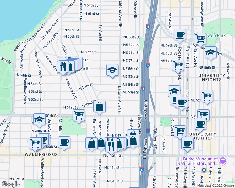 map of restaurants, bars, coffee shops, grocery stores, and more near 141 Northeast 53rd Street in Seattle