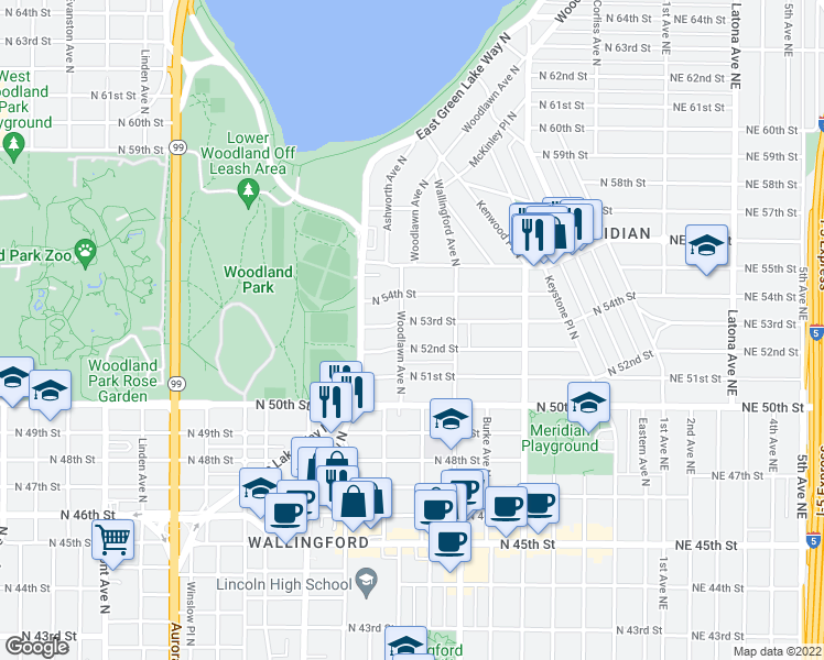 map of restaurants, bars, coffee shops, grocery stores, and more near 1429 North 53rd Street in Seattle