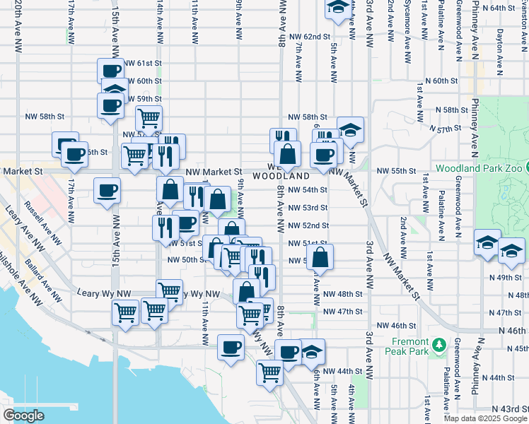 map of restaurants, bars, coffee shops, grocery stores, and more near 811 Northwest 53rd Street in Seattle