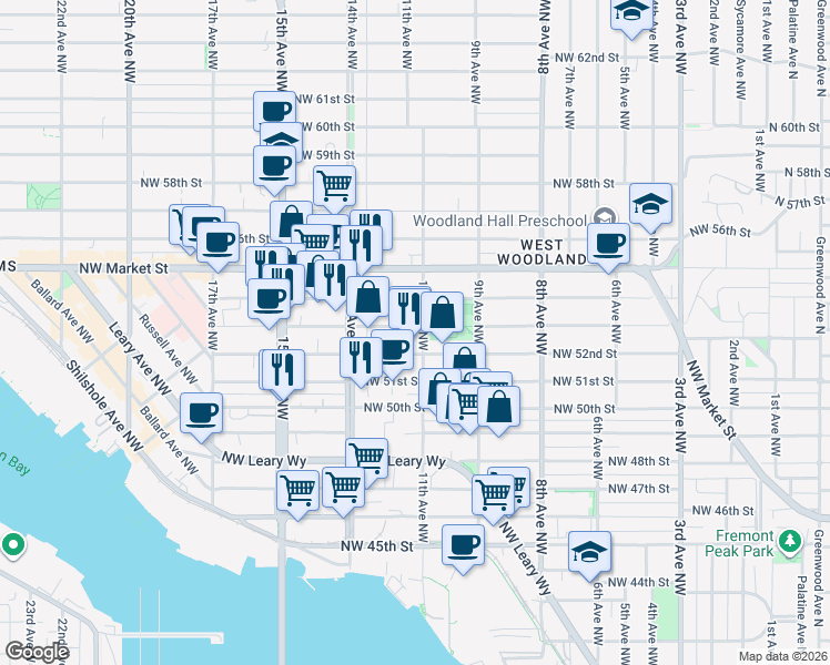 map of restaurants, bars, coffee shops, grocery stores, and more near 1117 Northwest 53rd Street in Seattle