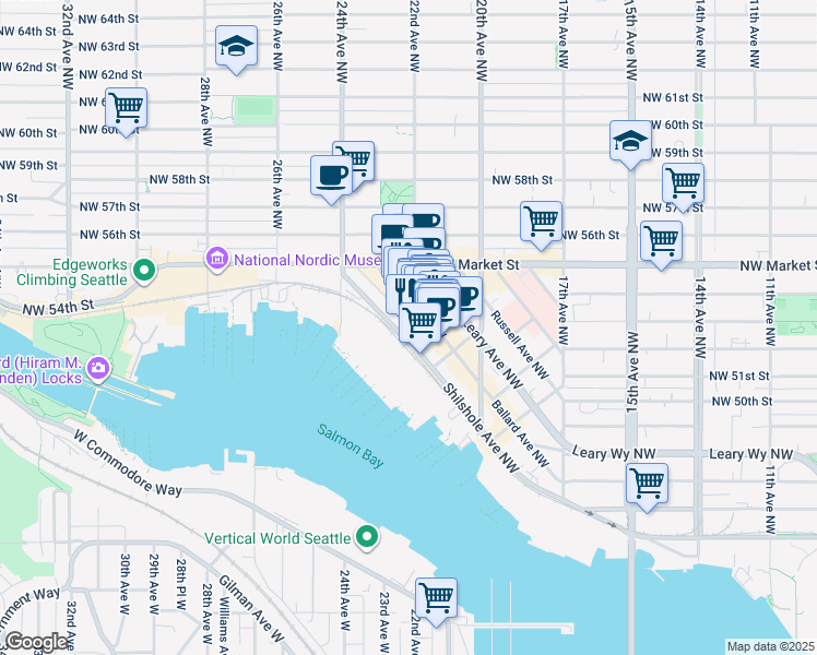 map of restaurants, bars, coffee shops, grocery stores, and more near 5309 22nd Avenue Northwest in Seattle