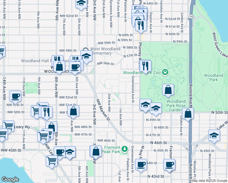map of restaurants, bars, coffee shops, grocery stores, and more near 5202 2nd Avenue Northwest in Seattle