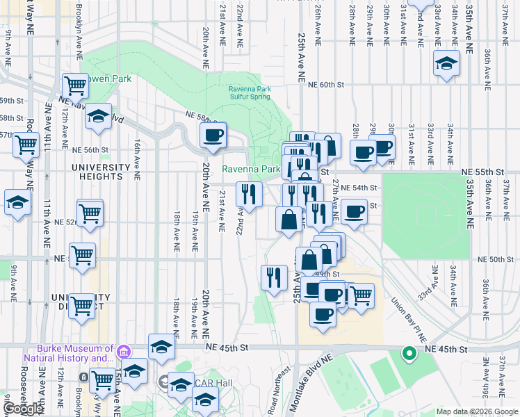 map of restaurants, bars, coffee shops, grocery stores, and more near 2251 Northeast 53rd Street in Seattle