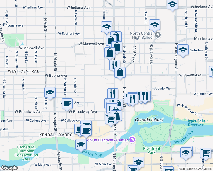 map of restaurants, bars, coffee shops, grocery stores, and more near 13 West Gardner Avenue in Spokane