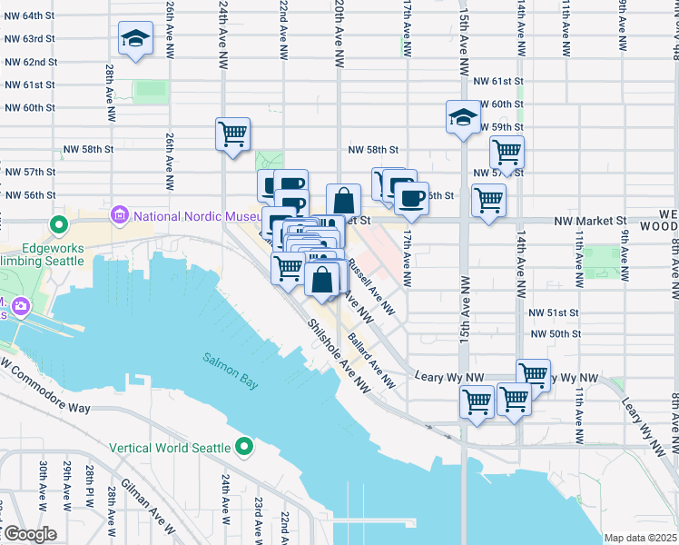 map of restaurants, bars, coffee shops, grocery stores, and more near 5208 20th Ave NW in Seattle