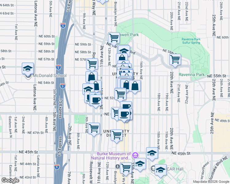 map of restaurants, bars, coffee shops, grocery stores, and more near 5219 Brooklyn Avenue Northeast in Seattle