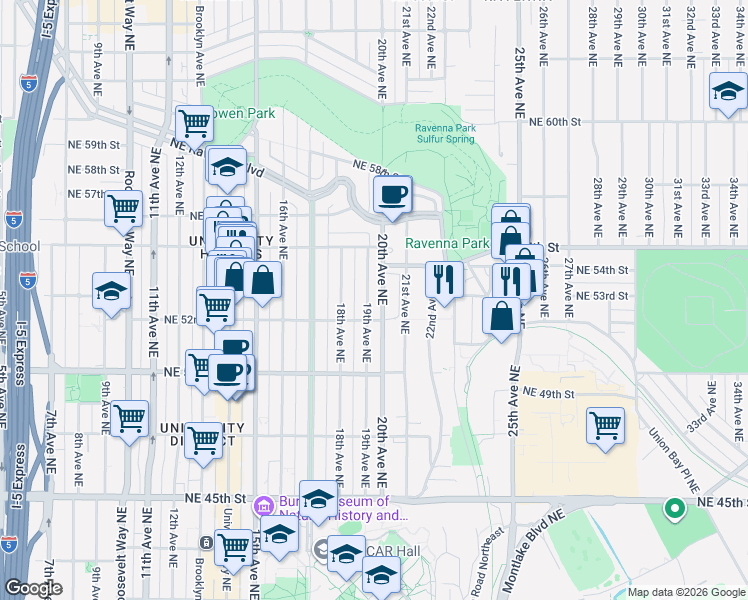 map of restaurants, bars, coffee shops, grocery stores, and more near 5220 19th Avenue Northeast in Seattle