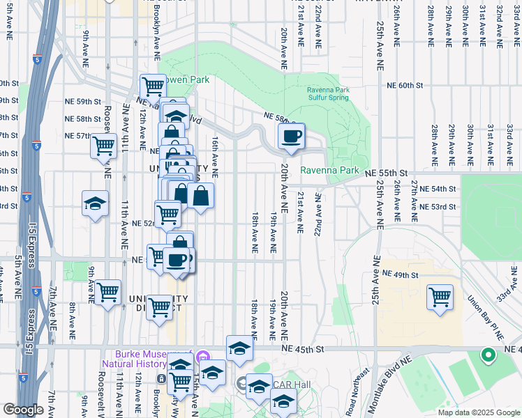 map of restaurants, bars, coffee shops, grocery stores, and more near 5220 18th Avenue Northeast in Seattle