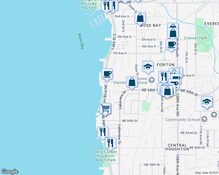 map of restaurants, bars, coffee shops, grocery stores, and more near 6700 Lake Washington Boulevard Northeast in Kirkland