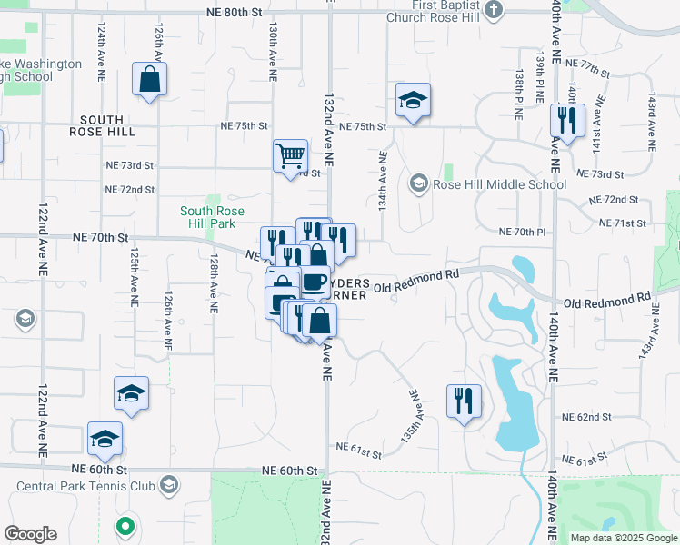map of restaurants, bars, coffee shops, grocery stores, and more near 13200 Old Redmond Road in Redmond