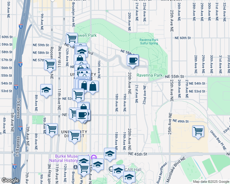 map of restaurants, bars, coffee shops, grocery stores, and more near 5221 18th Avenue Northeast in Seattle