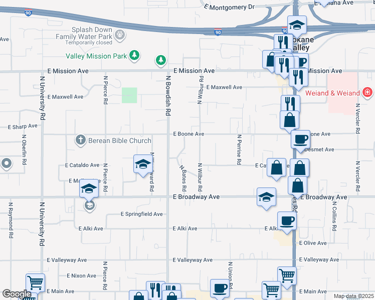 map of restaurants, bars, coffee shops, grocery stores, and more near 1024 North Bates Road in Spokane Valley