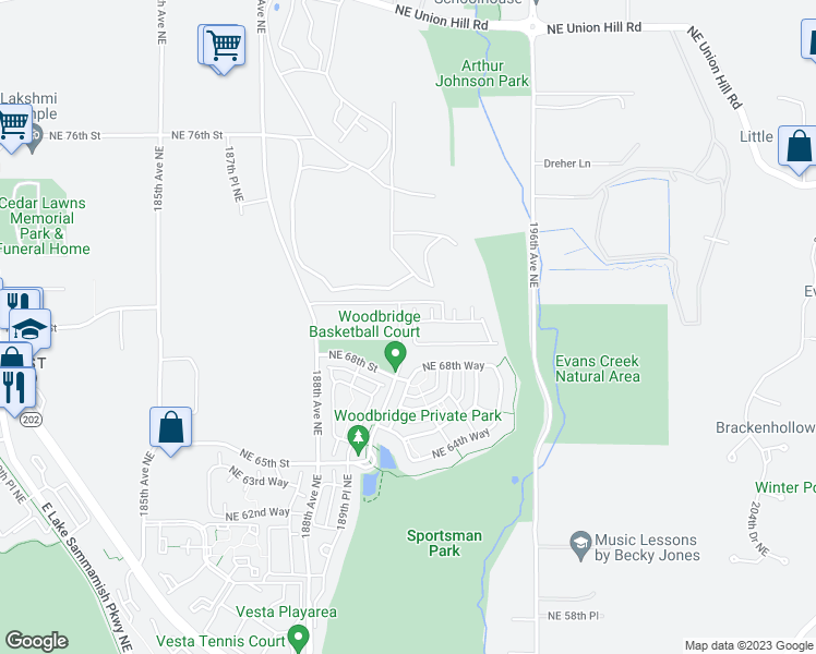 map of restaurants, bars, coffee shops, grocery stores, and more near 19218 Northeast 69th Circle in Redmond