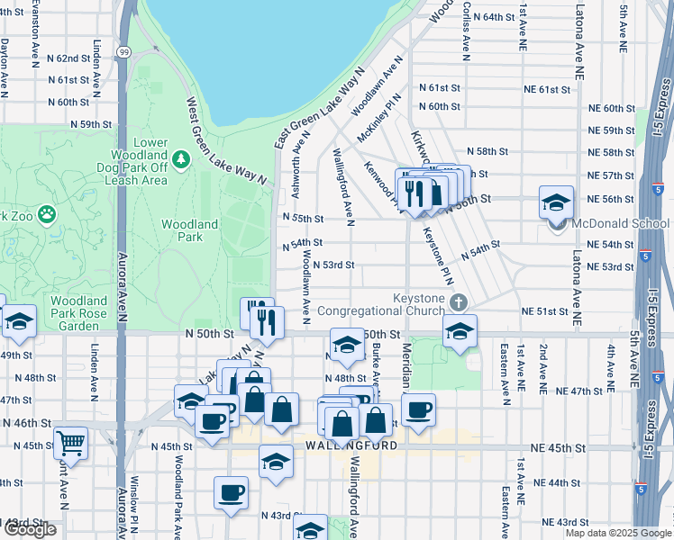 map of restaurants, bars, coffee shops, grocery stores, and more near 1631 North 53rd Street in Seattle