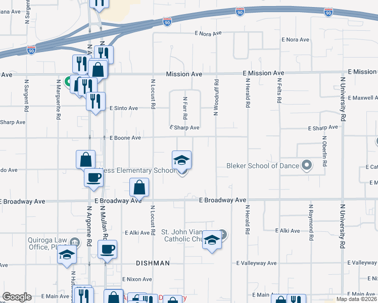 map of restaurants, bars, coffee shops, grocery stores, and more near 1103 North Macarthur Road in Spokane Valley