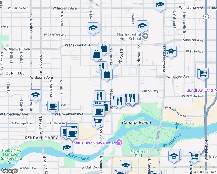 map of restaurants, bars, coffee shops, grocery stores, and more near 1102 North Monroe Street in Spokane