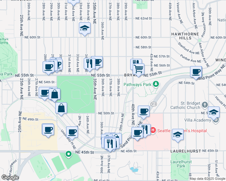 map of restaurants, bars, coffee shops, grocery stores, and more near 5210 37th Avenue Northeast in Seattle
