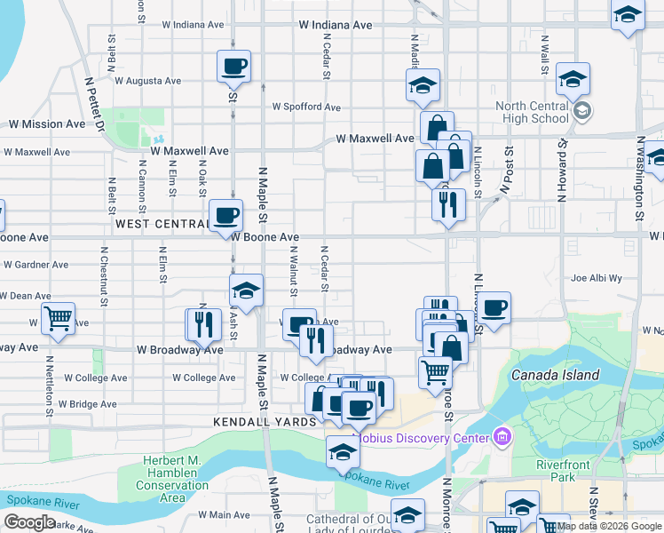 map of restaurants, bars, coffee shops, grocery stores, and more near 1319 West Gardner Avenue in Spokane