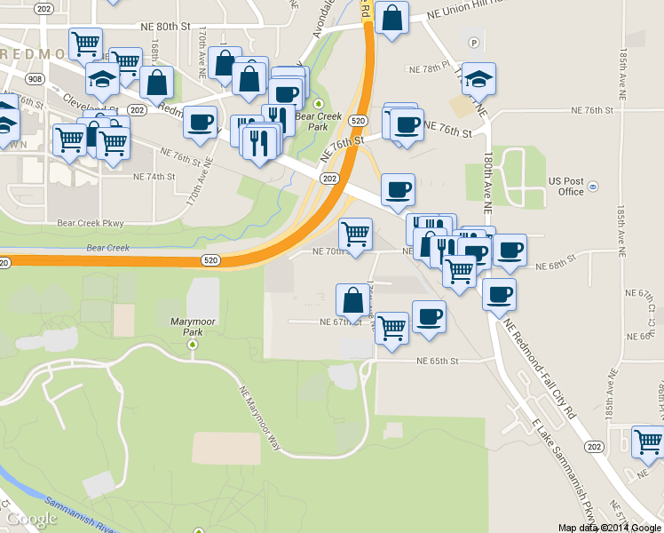 map of restaurants, bars, coffee shops, grocery stores, and more near 17445 NE 70th St in Redmond