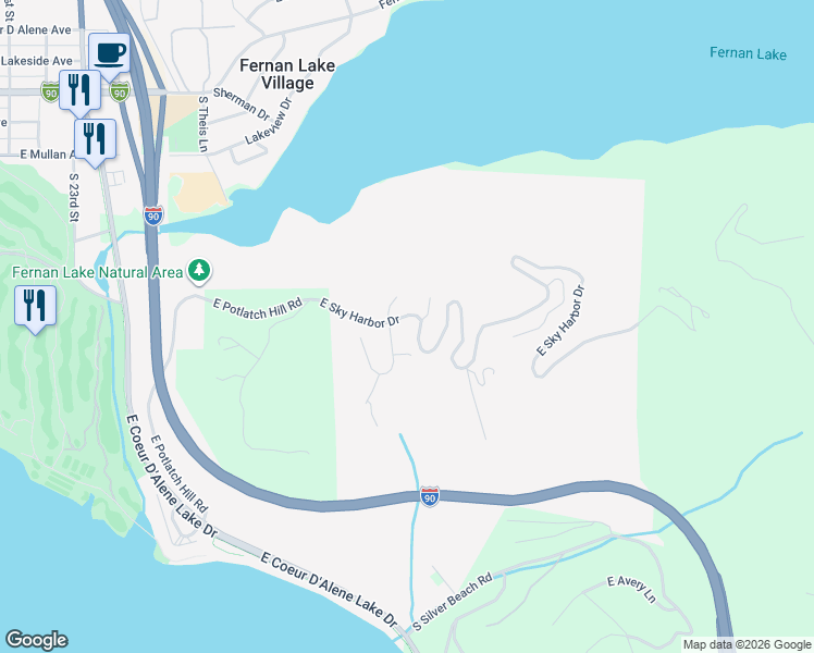 map of restaurants, bars, coffee shops, grocery stores, and more near 3252 East Sky Harbor Drive in Coeur d'Alene