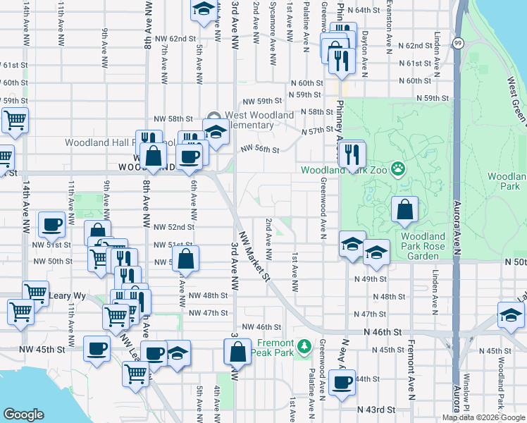 map of restaurants, bars, coffee shops, grocery stores, and more near 222 Northwest 52nd Street in Seattle