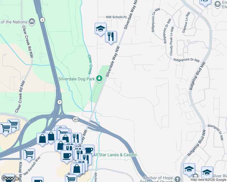 map of restaurants, bars, coffee shops, grocery stores, and more near 2235 Woodbridge Street Northwest in Silverdale