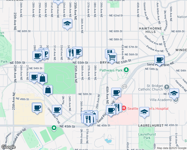 map of restaurants, bars, coffee shops, grocery stores, and more near 5210 37th Avenue Northeast in Seattle
