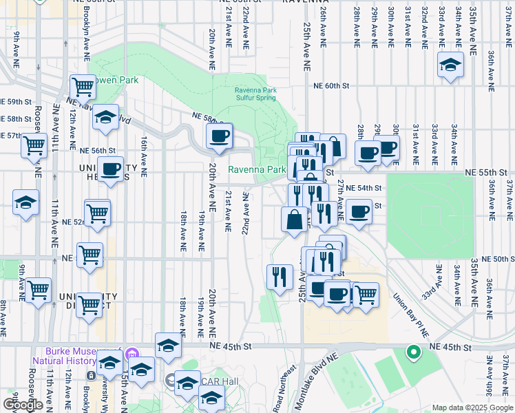 map of restaurants, bars, coffee shops, grocery stores, and more near 5222 22nd Avenue Northeast in Seattle