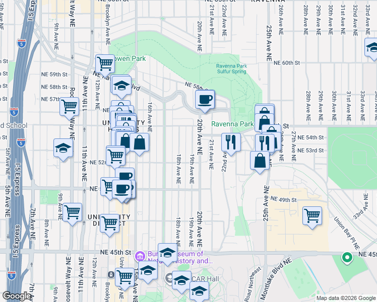 map of restaurants, bars, coffee shops, grocery stores, and more near 5220 19th Avenue Northeast in Seattle
