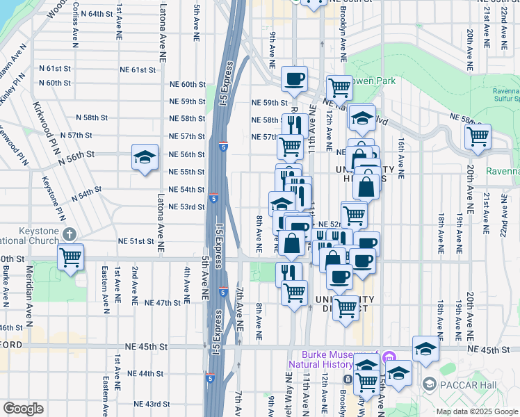 map of restaurants, bars, coffee shops, grocery stores, and more near 899 Northeast 53rd Street in Seattle