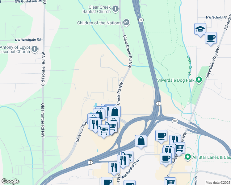 map of restaurants, bars, coffee shops, grocery stores, and more near 11493 Clear Creek Road Northwest in Silverdale