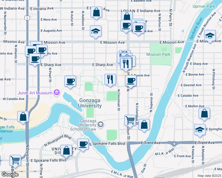 map of restaurants, bars, coffee shops, grocery stores, and more near 502 East Boone Avenue in Spokane