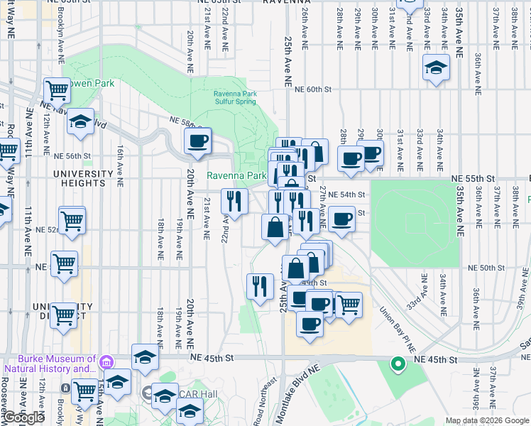 map of restaurants, bars, coffee shops, grocery stores, and more near Ravenna Place Northeast in Seattle
