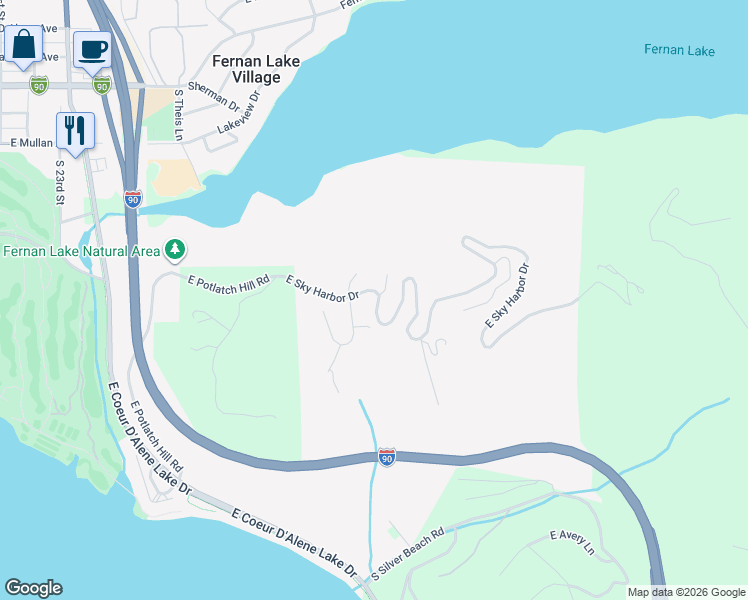 map of restaurants, bars, coffee shops, grocery stores, and more near 3252 East Sky Harbor Drive in Coeur d'Alene