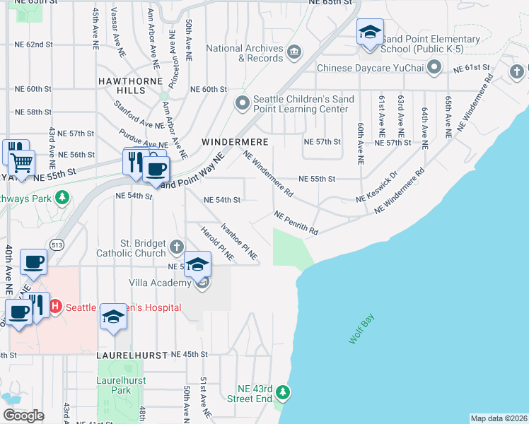 map of restaurants, bars, coffee shops, grocery stores, and more near 5201 55th Avenue Northeast in Seattle