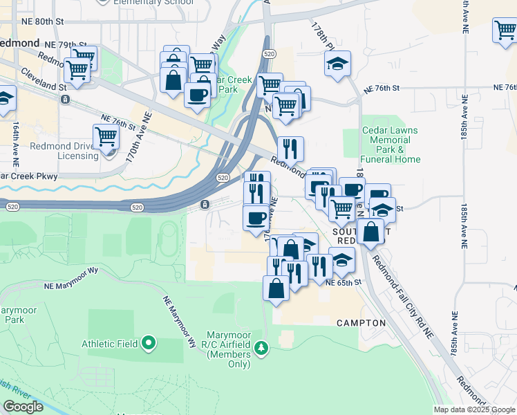 map of restaurants, bars, coffee shops, grocery stores, and more near 6975 176th Avenue Northeast in Redmond