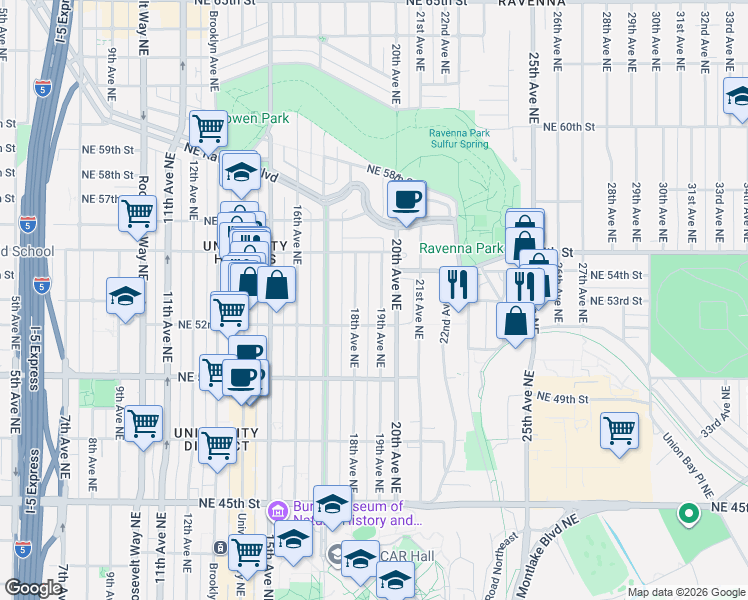 map of restaurants, bars, coffee shops, grocery stores, and more near 5220 19th Avenue Northeast in Seattle